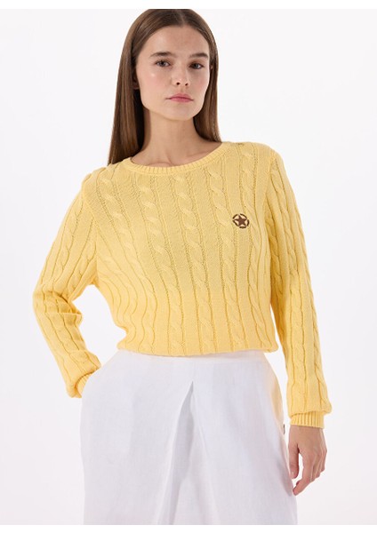 Sarı Kadın Bisiklet Relaxed Saç Örgü Kazak J5SL-KZK7138