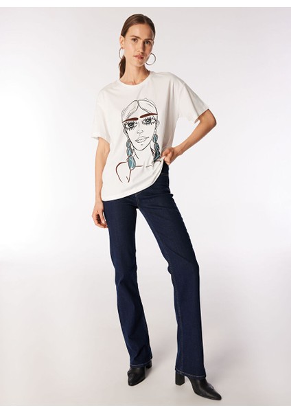 Kırık Beyaz Kadın Basic Nakışlı T-Shirt F4WL-TST0356 fiyatları