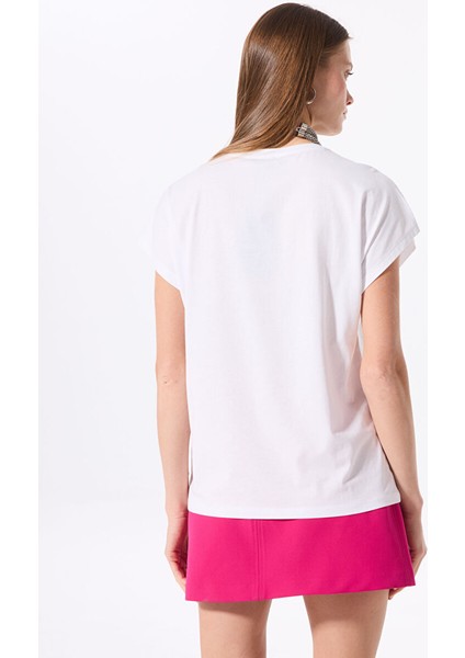 Kırık Beyaz Kadın Relaxed Taşlı T-Shirt F5SL-TST0178 indirimleri