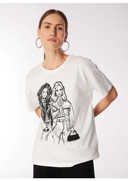 Kırık Beyaz Kadın Basic Baskılı T-Shirt F4WL-TST0280