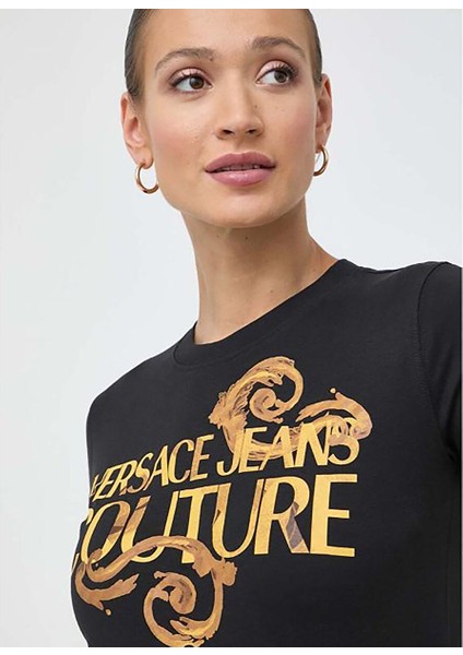 Yuvarlak Yaka Baskılı Siyah Kadın T-Shirt 76HAHG00 modelleri