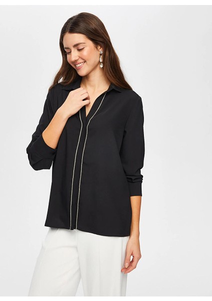 Siyah Kadın V Comfort Fit Gömlek US25GML014