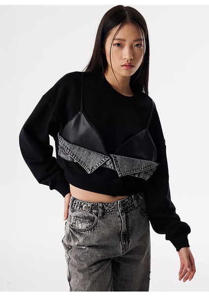 Siyah Kadın Bisiklet Yaka Oversize Sweatshirt TS1250091010