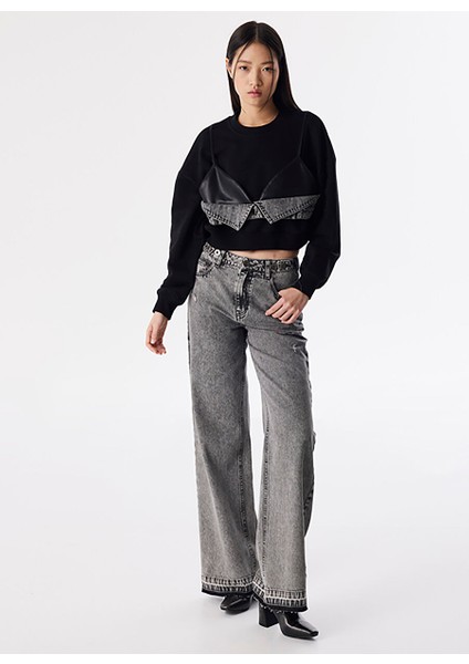 Siyah Kadın Bisiklet Yaka Oversize Sweatshirt TS1250091010