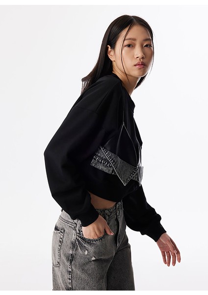 Siyah Kadın Bisiklet Yaka Oversize Sweatshirt TS1250091010