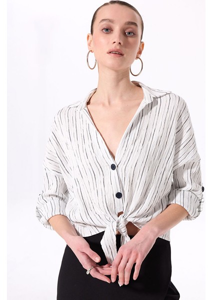 Ekru Kadın Çizgili Relaxed Bluz F5SL-BLZ0123