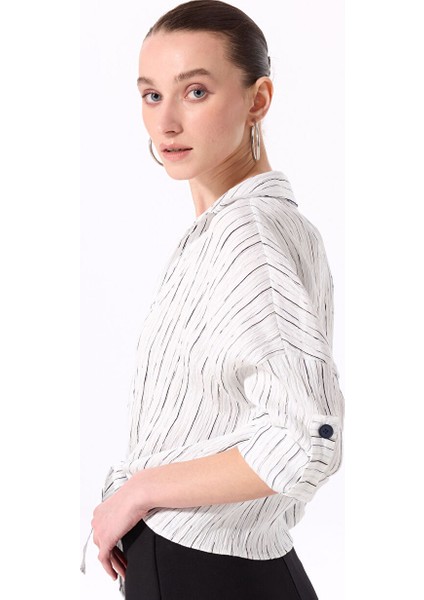 Ekru Kadın Çizgili Relaxed Bluz F5SL-BLZ0123