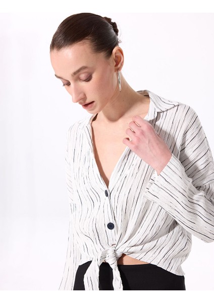 Ekru Kadın Çizgili Relaxed Bluz F5SL-BLZ0123