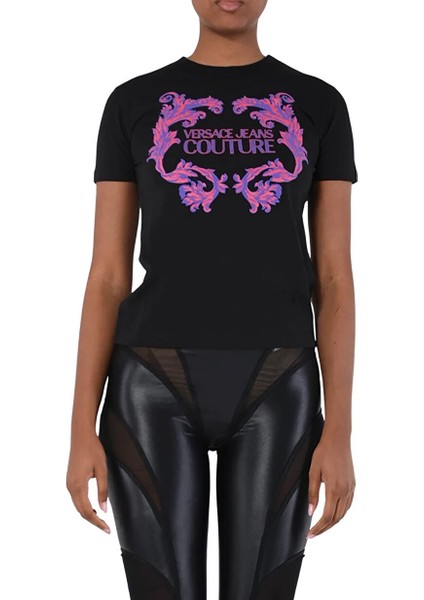 Yuvarlak Yaka Baskılı Siyah Kadın T-Shirt 76HAHG02