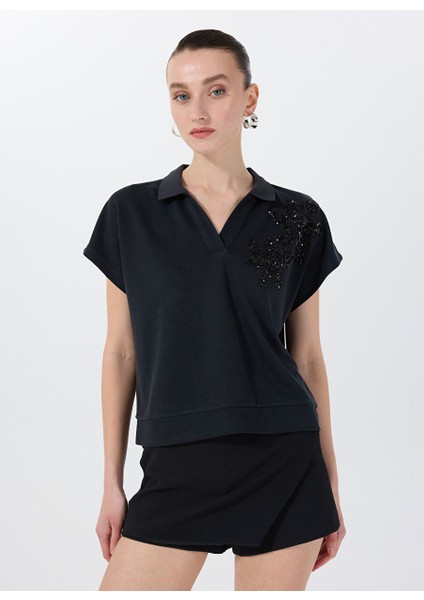 Lacivert Kadın Relaxed Payetli T-Shirt F5SL-TST0191