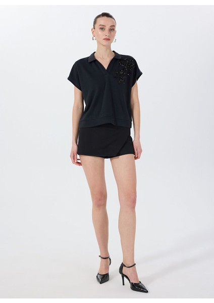 Lacivert Kadın Relaxed Payetli T-Shirt F5SL-TST0191