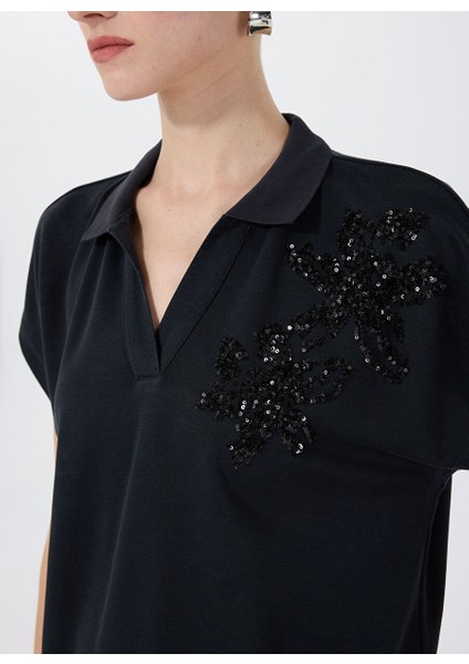Lacivert Kadın Relaxed Payetli T-Shirt F5SL-TST0191