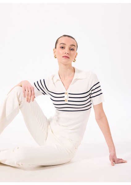 Polo Yaka Basic Çizgili Ekru - Lacivert Kazak Kadın F4SL-KZK0500