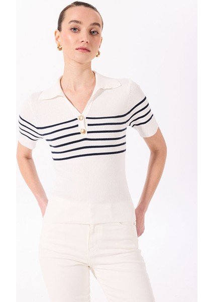 Polo Yaka Basic Çizgili Ekru - Lacivert Kazak Kadın F4SL-KZK0500 modelleri