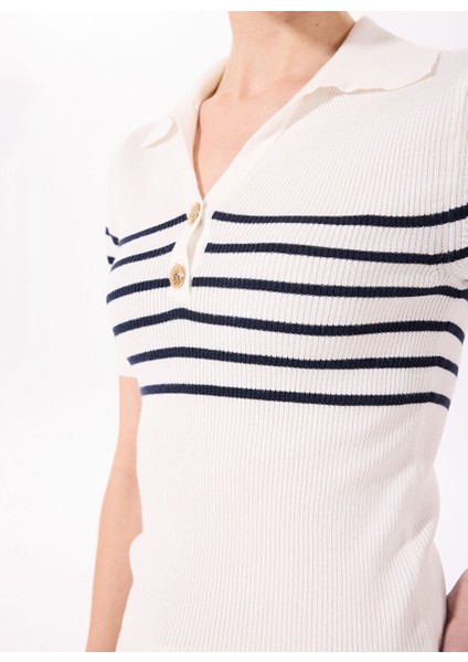 Polo Yaka Basic Çizgili Ekru - Lacivert Kazak Kadın F4SL-KZK0500 fırsatları