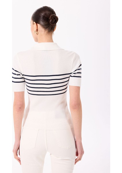 Polo Yaka Basic Çizgili Ekru - Lacivert Kazak Kadın F4SL-KZK0500 indirimleri
