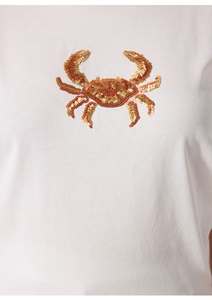 Kırık Beyaz Kadın Relaxed Payetli T-Shirt F5SL-TST0381 fırsatları