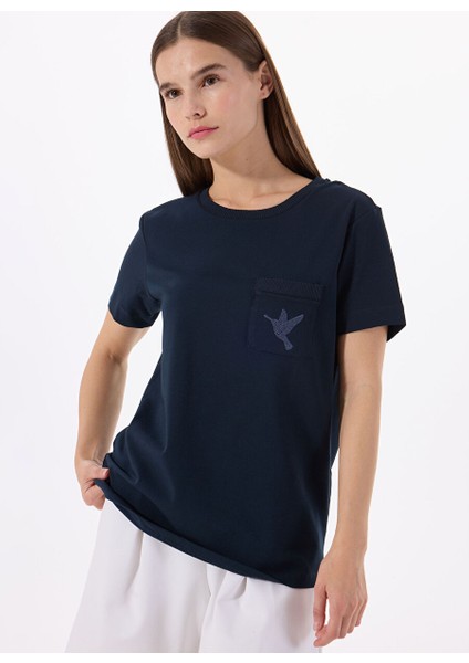 Lacivert Kadın Normal Nakışlı T-Shirt F5SL-TST0086