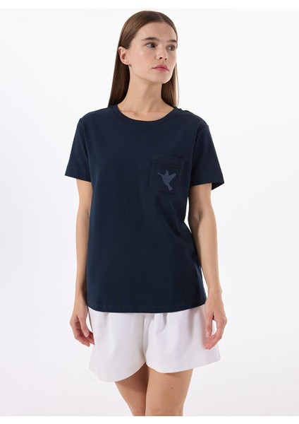 Lacivert Kadın Normal Nakışlı T-Shirt F5SL-TST0086 modelleri