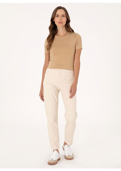 Bej Kadın Mom Fit Denim Pantolon E-Mam-Beıge