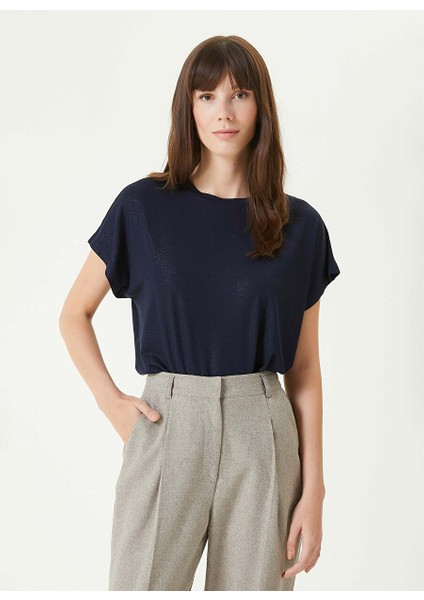 Lacivert Kadın Basic Varaklı T-Shirt 1093058