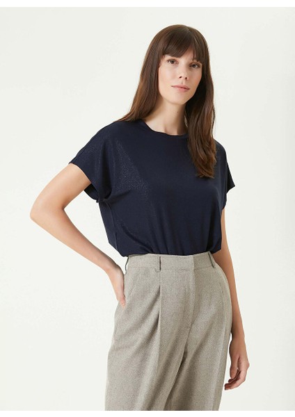 Lacivert Kadın Basic Varaklı T-Shirt 1093058