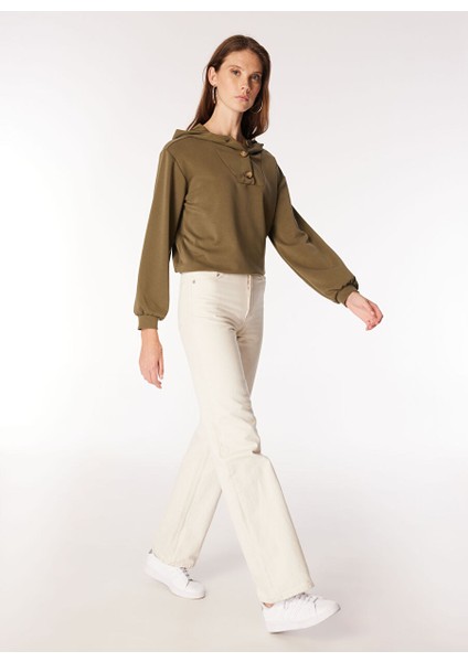 Haki Kadın Kapüşon Oversize Düz Sweatshirt F4WL-SWT0563