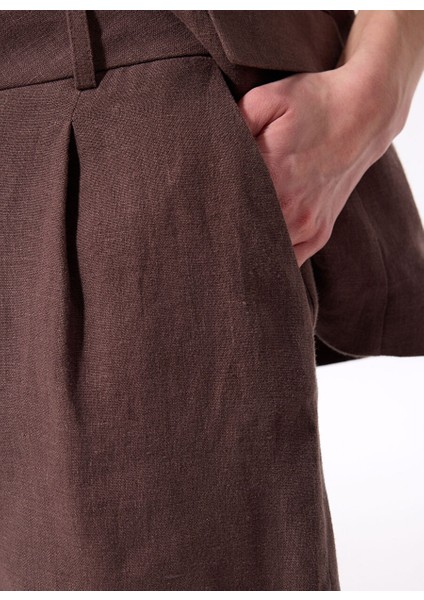 Kahverengi Kadın Relaxed Piliseli %100 Keten Şort F5SL-SHT0369
