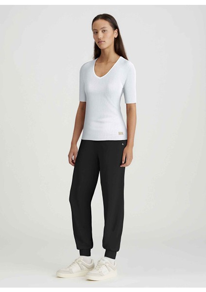 Siyah Kadın Standart Düz Eşofman Altı Woven Label Jog Pant