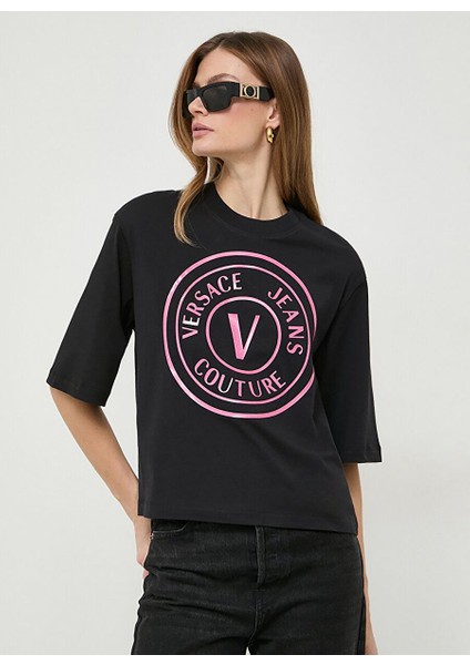 Yuvarlak Yaka Baskılı Siyah Kadın T-Shirt 76HAHG05