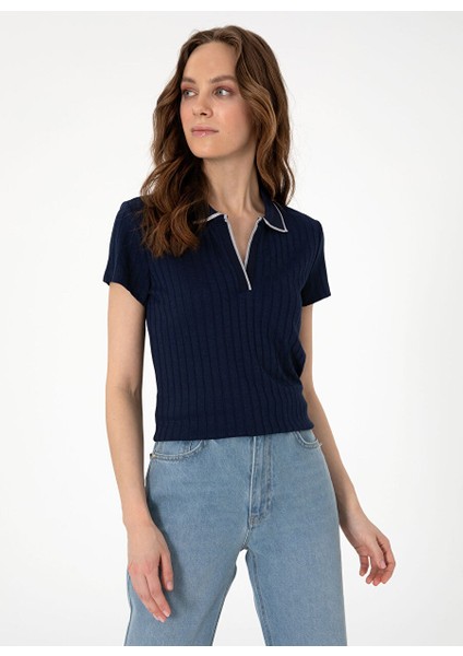 Lacivert Kadın Slim Fit T-Shirt Rıno
