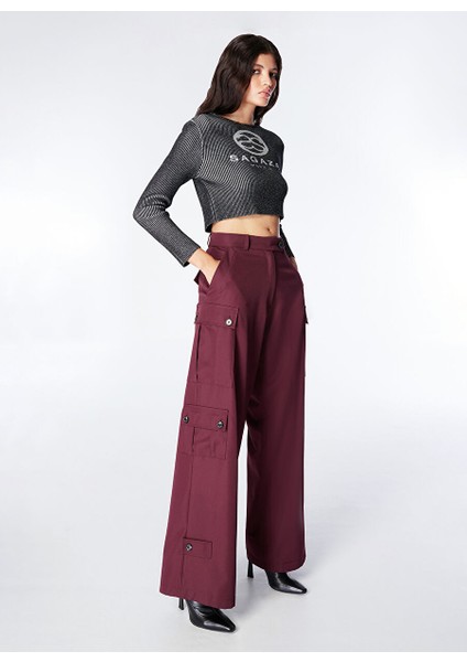 Bordo Kadın Geniş Fit Düz Pantolon SGZB114
