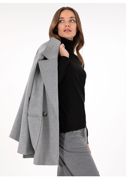 Siyah Kadın Tam Balıkçı Slim Fit Düz Kazak E-Feva