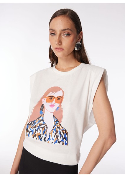 Kırık Beyaz Kadın Bisiklet Yaka T-Shirt F4SL-TST0223