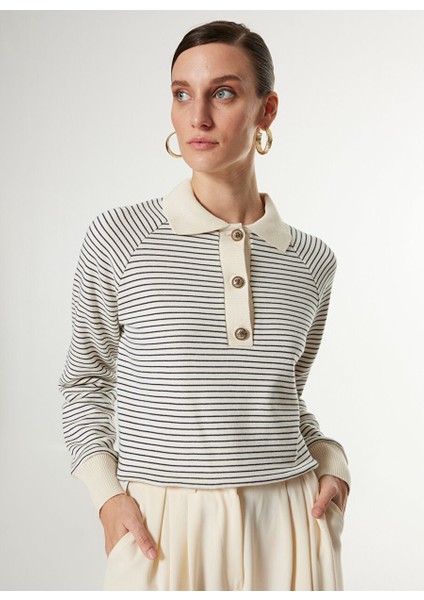 Çizgili Polo Yaka Kadın Sweatshirt F4WL-SWT0510