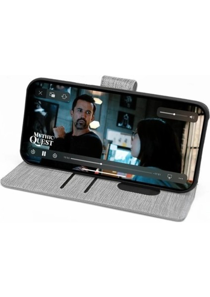 Omix X300 Uyumlu Kart ve Para Bölmeli Standlı Cüzdanlı Kılıf - Gri