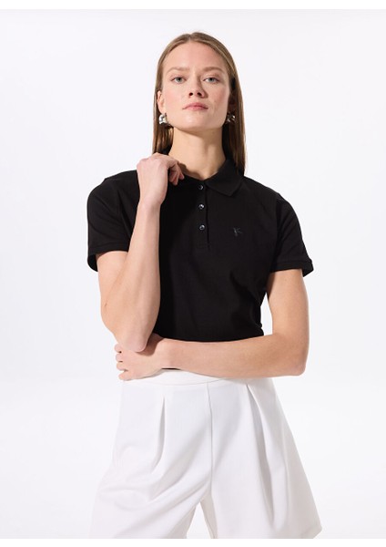 Siyah Kadın Basic Polo T-Shirt Deep