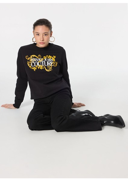 Siyah Kadın Yuvarlak Standart Baskılı Sweatshirt 77HAIE05