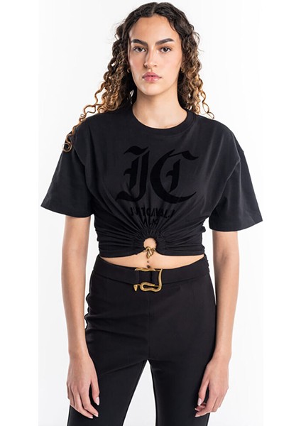 Yuvarlak Yaka Düz Siyah Kadın T-Shirt 76PAHG01