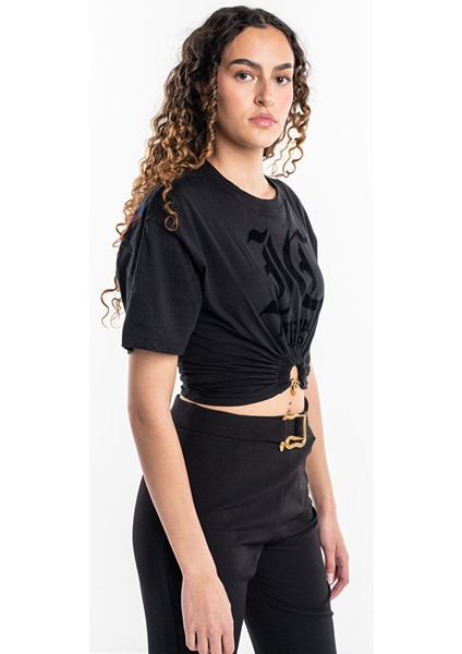 Yuvarlak Yaka Düz Siyah Kadın T-Shirt 76PAHG01 modelleri