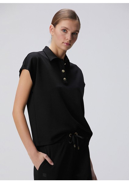 Siyah Kadın Polo Basic Sweatshirt 1094672