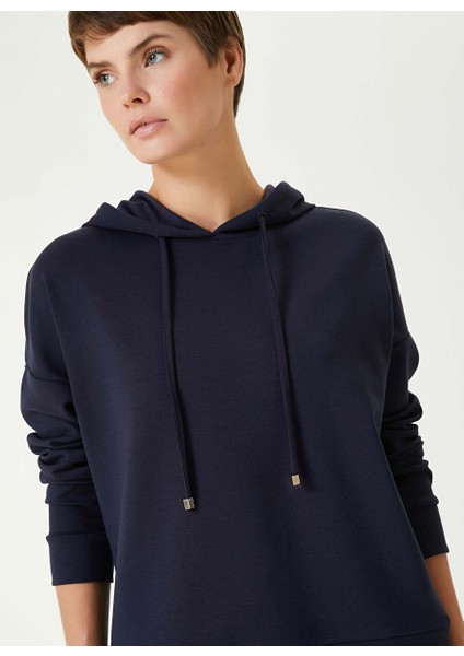 Lacivert Kadın Kapüşon Basic Düz Sweatshirt 1092577