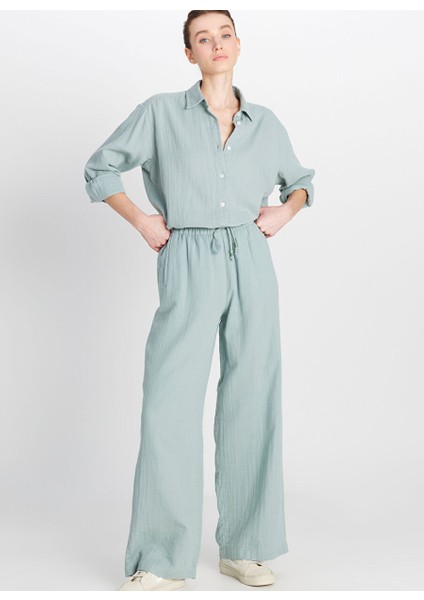 Yeşil Kadın Regular Fit Pantolon W2510733826-MÜSLIN Geniş Paça Panto