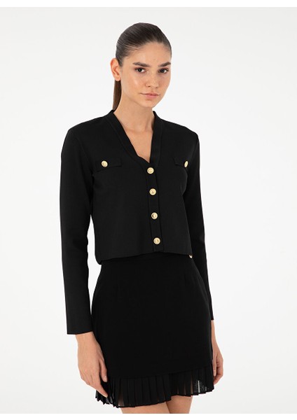 Siyah Kadın V Cropped Fit Düz Hırka Nora-H modelleri