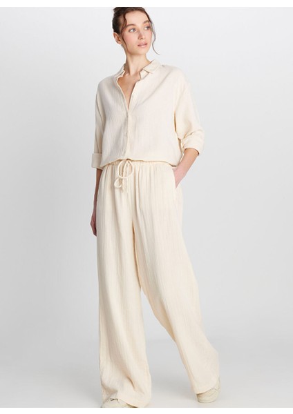 Ekru Kadın Regular Fit Pantolon W2510733104-MÜSLIN Geniş Paça Panto