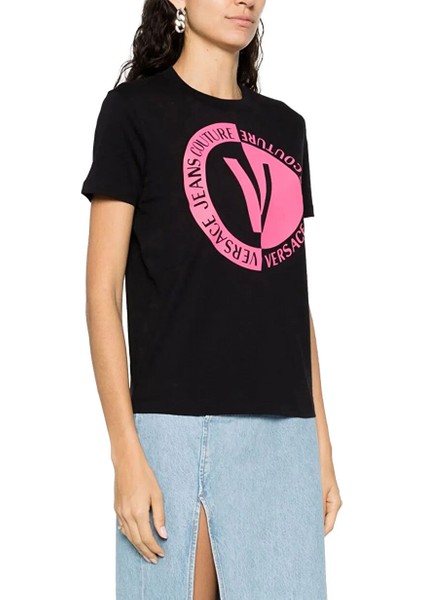 Bisiklet Yaka Baskılı Siyah Kadın T-Shirt 75HAHG06
