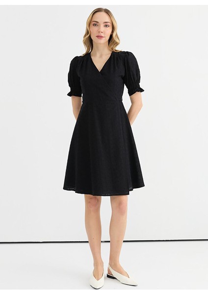 Siyah Kadın Kruvaze Desenli Elbise 25YSL7617