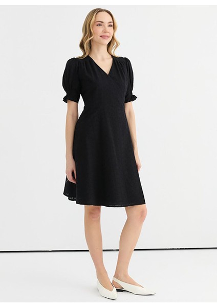 Siyah Kadın Kruvaze Desenli Elbise 25YSL7617