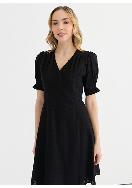Siyah Kadın Kruvaze Desenli Elbise 25YSL7617