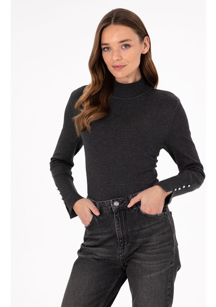 Antrasit Kadın Yarım Balıkçı Slim Fit Düz Kazak Forges